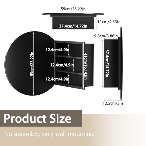 Cakhdry Black Medicine Cabinet Mirror, Wall Mounted Bathroom Vanity with Mirror, 23.2\" Round Bathroom Medicine Cabinet with Storage Function, Removable Shelves, Metal, NO Assembly - Thumbnail 2