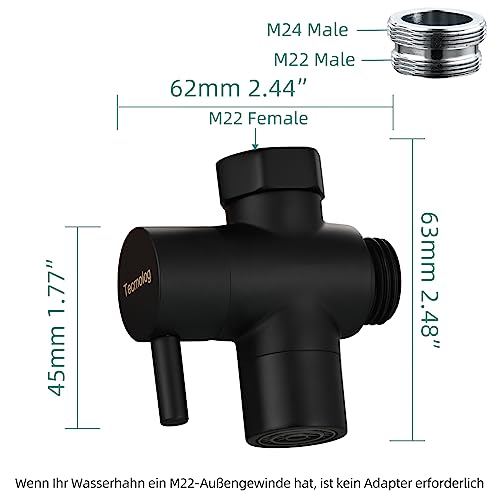 Tecmolog 3 Wege Ventil Umstellventil Messing Diverter Wasserhahn mit M22 zu M24 Adapter, Wasserhahn Ersatzteile Schwarz, SBA021CB