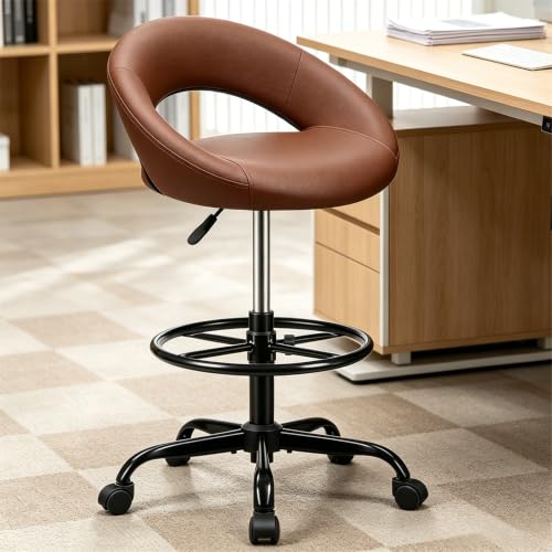 Image of Bar Stool with Back Support - PU Leather Drafting Chair, Adjustable Foot Rest & Rolling Wheels, Swivel Tall Stool for Kitchen Island, Salon, Vanity, Standing Desk, Brown