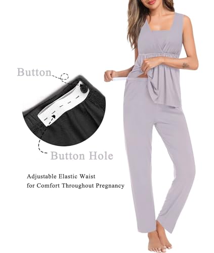 Image of SWOMOG Maternity Nursing Robe Set 3 Piece Breastfeeding Pajamas 3 in 1 Labor Delivery Sleevless Tops&Long Pants Pregnancy Pjs