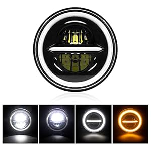 MONDEVIEW Optique Moto Full LED Chromé Phare LED Rond de 7″ Phare LED Cree 200W 20000LM 6000K+3000K Feux de Route Croisement Lenticulaire 9-30V HI LO Beam DRL Avec Câble H4-H13