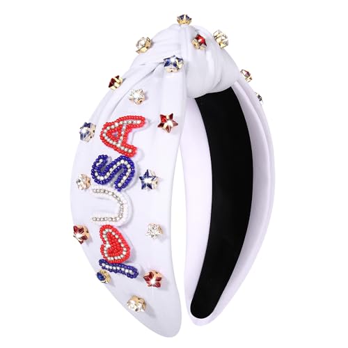 7月4日 ヘッドバンド 女性用 アメリカ国旗 ヘッドバンド 愛国心が強い赤 青 白 星結び ヘッドバンド 装飾 ラインストーン ワイド トップ ノットヘッドバンド 7月4日 ヘアアクセサリー 衣装 ギフト (ホワイト 4)