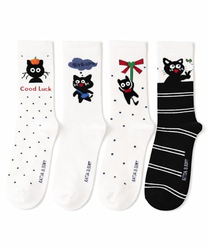 bony&katia Cute Cat Crew Socks for Women 4 Pair Set - Soft Breathable Cotton Everyday Casual Socks - Mothers Day Gift Idea