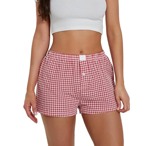 Image of Women Y2k Pajamas Shorts Micro Button Boxers Elastic Waist Cute Pj Bottoms Summer Plaid Lounge Short