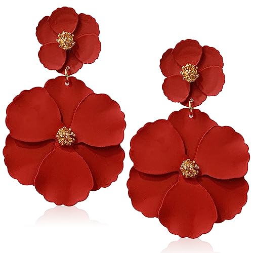 Unique Bohemian Metal Poppy Flower Dangle Earring Matte Painted Dual Flower Floral Petal Tiered Drop for Women Statement Jewelry Gifts