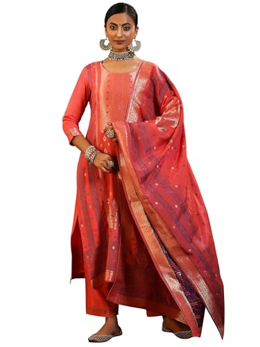 Image of Libas Woven Design Silk blend Straight Kurta with Trouser & Dupatta | Ethnic Wear |Wedding Dress | Ocassion Wear