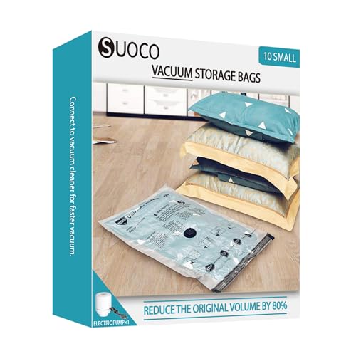 Vacuum Seal Bags for Clothing Travel and Home Storage, Travel Vacuum Bags with Electric Pump, Space Saver packing compression for Blankets Comforters Pillows Clothes, 10 Small by SUOCO - Used condition - US$16.72