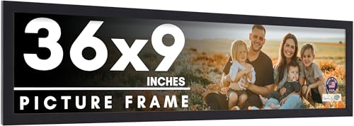 36x9 Frame Black Picture Frame - Complete Modern Photo Frame Includes UV Acrylic Shatter Guard Front, Acid Free Foam Backing Board, Hanging Hardware Wood Wall Frames for Family Photos - no Mat