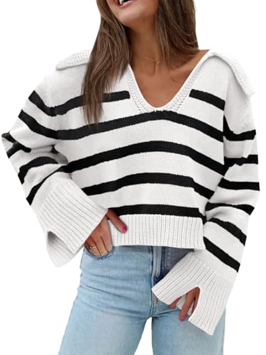 Damen Pullover Mit V-Ausschnitt - Leicht Gestreifter Strickpulli Für Herbst & Winter