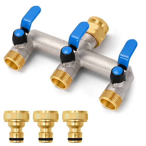 Wasserverteiler 3Fach, Durchflussstarker Wasserverteiler 3 Wege, Garten Verteiler mit DREI blauen Verlängerungsgriffen aus Edelstahl 304, 3/4 Zoll Adapter für Haus, Hof/Waschmaschine (Großer Strom)