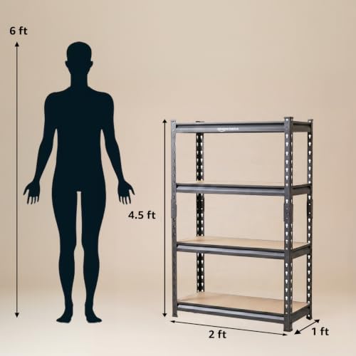 Image of Amazon Basics 4-Tier Storage Rack | Bolt-Free Assembly | Metal Stand & Thick MDF Board | 175kg Capacity Per Shelf | 54H x 24W x 12D inch Adjustable Shelf Rack for Home, Garage & Shop | Black