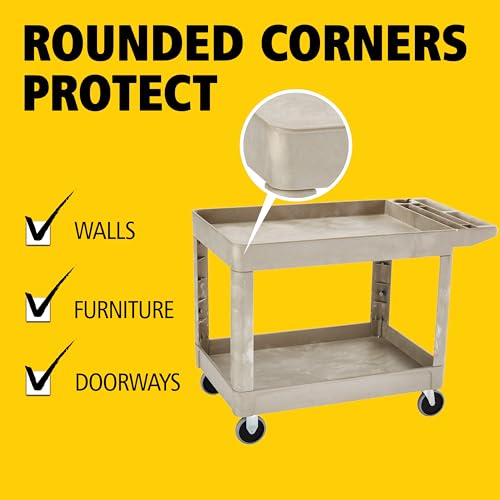 Image of Rubbermaid Commercial Products Heavy Duty 2-Shelf Utility /Service Cart, Medium, Lipped Shelves, Storage Handle, 500 lbs. Capacity, Beige, for Warehouse /Garage /Cleaning /Maintenance