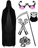 Leumoi 6 Pcs Halloween Grim Reaper Costumes Adult Men Black Hooded Cape Grim Reaper Scythe Skull Face Mask Red Glowing Eyes Skeleton Gloves Plastic Chain for Halloween Cosplay Party