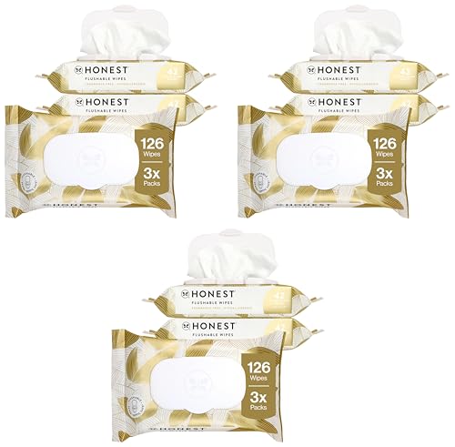 Image of The Honest Company Flushable Wipes for Sensitive Skin, Hypoallergenic, Fragrance-Free, Gilded Wings Design, 126 Count (Pack of 3)