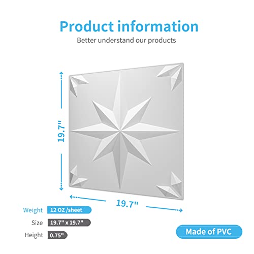 Art3D Star Textures 3D Wall Panels White Snowflake Design For Interior Wall Decor Pack Of 12 Tiles 32 Sq Ft (Pvc) #TOP3