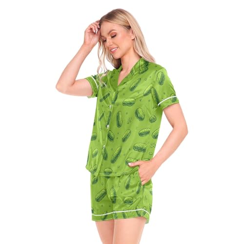 Image of Womens Silk Satin Pajamas Set Western Theme Womens Short Sleeve Shorts Set 2 Piece Sleepwear Lounge Set S-XXL