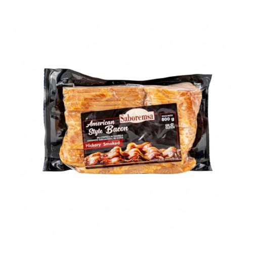 Bacon Estilo Americano Ahumado con Madera de Roble 800g - Tocino Ahumado, Sin Gluten y Sin Corteza - Saboremsa - Ideal para Desayunos y Hamburguesas - NEXU