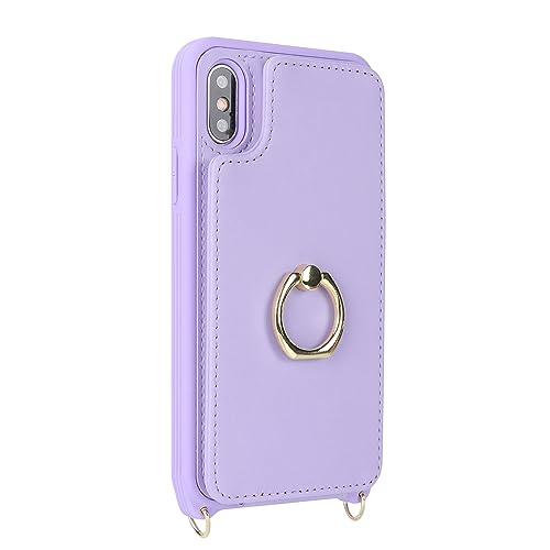 Image of for iPhone X /XS Case with Card Holder and Strap for Women,Crossbody Lanyard,Kickstand Ring Stand,Snap Clasp,Phone Wallet Cases 5.8 inch(Purple)