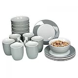 Van Well Vario Frühstücks-Set 18-tlg für 6 Personen I Kaffee-Tasse mit Frühstücks-Teller & Müsli-Schale I weißes Porzellan-Set Grau gefärbt I Frühstücks-Service mikrowellengeeignet