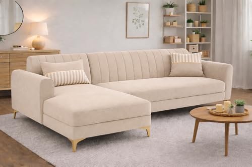 Image of Adorn India Premium Luster 6 Seater L Shape Sofa Set | Velvet Suede Fabric | 3-Year Warranty | LHS |Color Cream with Golden Legs & Striped Pattern Cushion