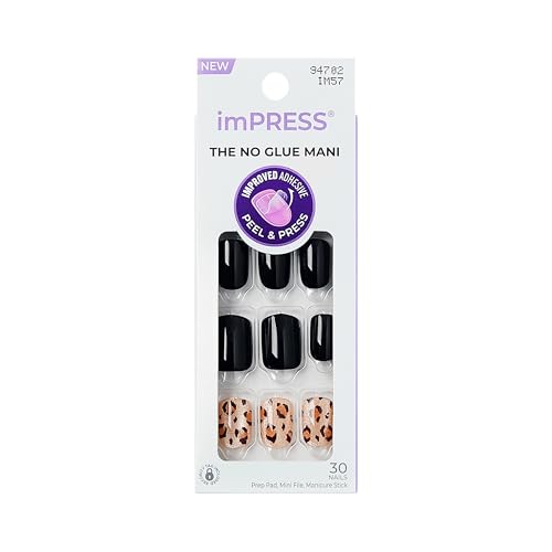 Kiss Impress No Glue Mani Press On Nails, Design, 'Romantique', Black, Short Size, Squoval Shape, Includes 30 Nails, Prep Pad, 1 Manicure Stick, 1 Mini File