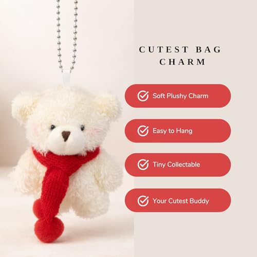 Image of Snow White Plush Teddy Bear Keychain with Red Knitted Scarf & Silver Ball Chain - Soft Fluffy Mini Bear Charm with Warm White Fur Finish, Cute Aesthetic Hanging Accessory for Keys, Bags