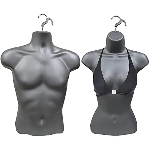 Gray Male + Gray Female Mannequin Injection Forms Half Rounded Waist Body Torso Dress Form with Only Hanging Hook, S-M Sizes
