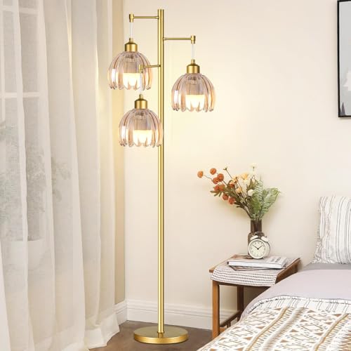 Image of QIYIZM Gold Floor Lamp for Living Room,Bedroom,Tree 3 Light Standing Lamp Mid Century Modern Brass Tall Floor Lamps Vintage Retro Floor Lights Glass Flower Amber Lamp Shade Farmhouse Boho Bohemian