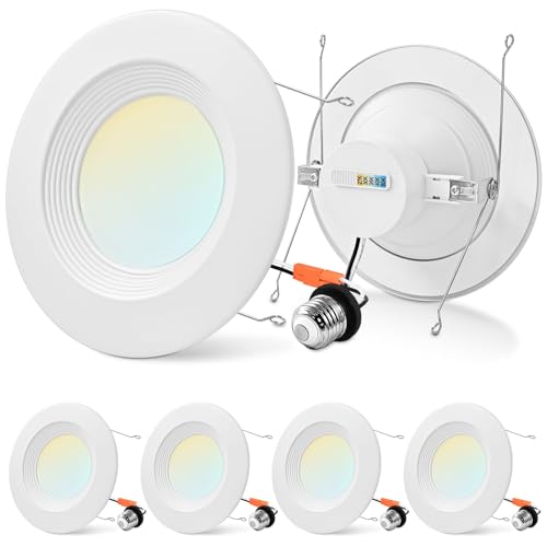 LUXRITE 5/6 Inch Retrofit LED Recessed Lighting, 17W=90W, 1500LM, 5CCT Color Selectable 2700K | 3000K | 3500K | 4000K | 5000K, Dimmable Can Light, CRI 90, Wet Rated, Energy Star, Baffle Trim (4 Pack)