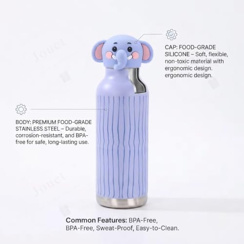 Image of JOUET Kids 600ml Elephant Water Bottle, Stainless Steel Reusable Drinking Bottle with Character Lid for School, Outdoor, Travel & Daily Use