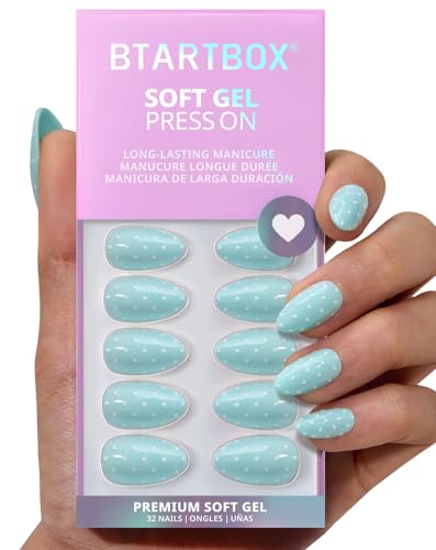BTArtbox Press On Nails, Short Almond Baby Blue Fake Nails, 32Pcs...