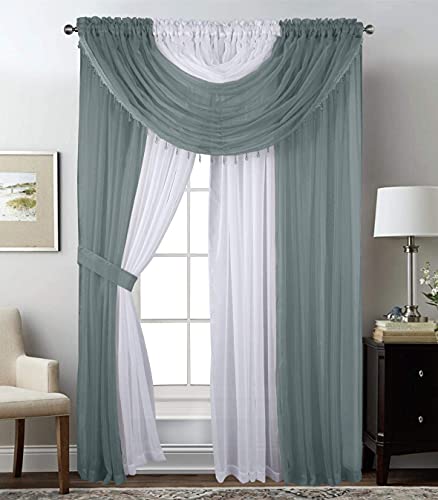Sapphire Home Sheer Curtains - Two Tone 4 Panels Set w/Valance & Tiebacks, 55