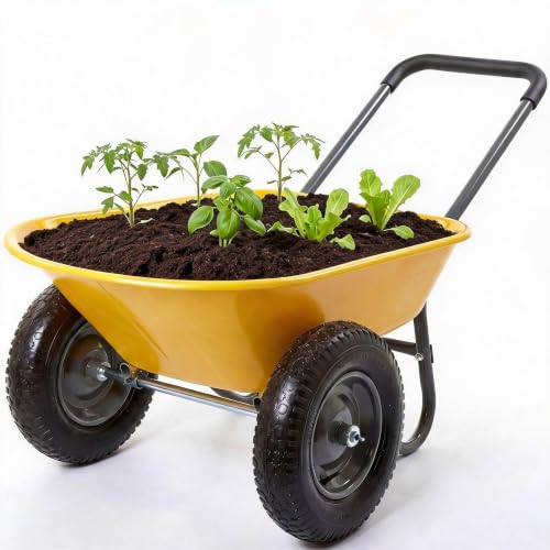 DobleePy Double Wheel Garden Wheelbarrow Heavy Duty Iron Frame Plastic Tub