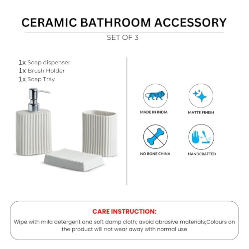 Image of ExclusiveLane 'Ivory Flute' Ceramic Bathroom Accessories Set of 3 (Ceramic Liquid Soap Dispenser Set for Wash Basin, Paste & Toothbrush Holder, Soap Tray) |Hand-Carved |Bathroom Organiser Set
