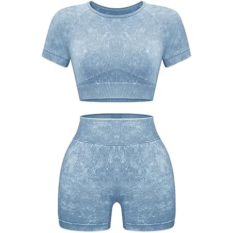 OLCHEE Womens Workout Sets 2 Piece - Seamless Acid Wash Yoga Outfits Leggings Shorts and Crop Top Matching Gym Activewear Athletic Clothing Set - Blue Medium Cover