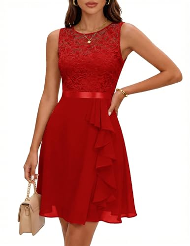 BeryLove Homecoming Cocktail Dresses Bridesmaid Wedding Guest Short Prom Dress Ruffle Hem Sleeveless Lace Formal Gowns