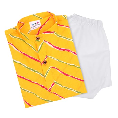 Image of superminis Cotton Boys Sanganeri Lehariya Printed Kurta Set with White Pyjama Elastic Closure