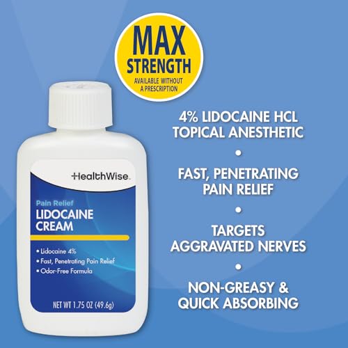HealthWise Lidocaine Cream bottle close-up showing size 1.75 oz