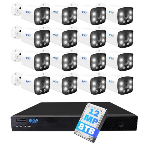 GW Security 32 Channel NVR UltraHD 12MP 4K @30FPS Face/Human/Vehicle Detection PoE Security Camera System with 16 x 6K 12MP Microphone Smart AI Waterproof Bullet Camera, Starlight Color Night Vision