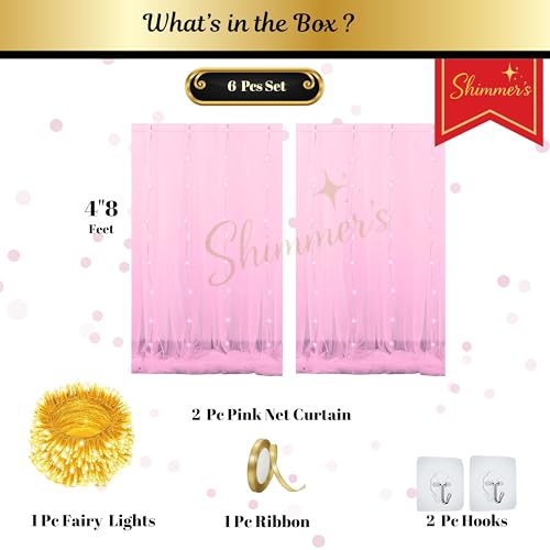 Image of Shimmers 6 Pc Pink Net Curtain Decoration Kit | 2 Curtains 4x8 FT | Ribbon & 2 Hooks | Birthday, Baby Shower, Party Backdrop