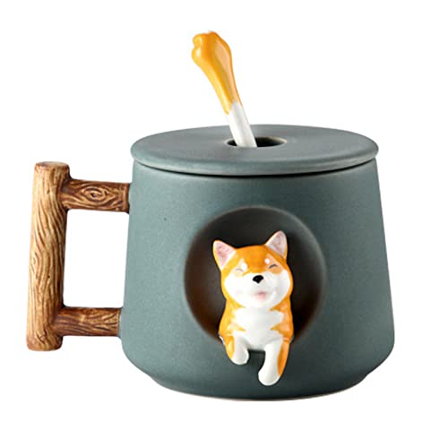 1 Pcs Tasse à Café en Porcelaine Fine Shiba Inu Tasse avec Cuillère et Couvercle Tasse Mignonne de 420 ml Cadeau Créatif Cover