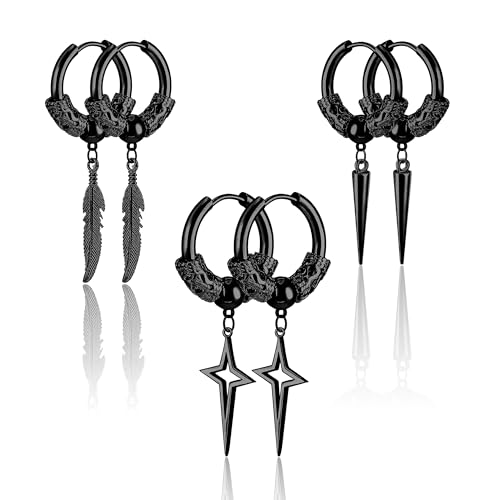 3 Pairs Dangle Hoop Earrings Set for Men, Surgical Steel Hanging Huggie Hoop Earrings with Spike/Feather/Cross Star Charms