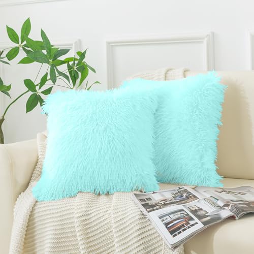 DJDEA Kissenbezüge 2er Set - Kuschelkissen Flauschig Kissen 40x40 Bezug - Künstlich Pelz Sofakissen - Dekorative Dekokissen - Kissen Flauschig Kissenbezug für Sofa(Blau, 40 x 40 cm)