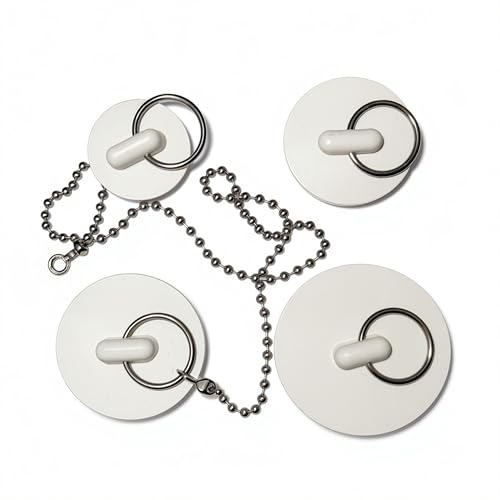 4 Pack Rubber Drain Stoppers with 1 Chain – Assorted Sizes Sink and Bathtub Drain Plug Set with Pull Ring – Leak-Resistant Water Stopper for Kitchen, Bathroom, Laundry, and Utility Sinks