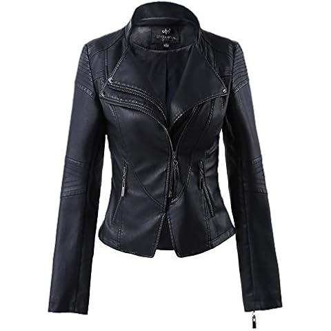 Mooncolour Women Slim Lapel Faux Leather Zip-Up Power Shoulder Bomber Moto Jacket Black(Size: UK L(Tag 48)) Cover