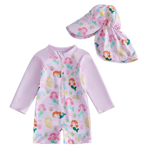 Traje de baño para niña con gorro de baño para niños pequeños con estampado de animales de manga larga para niñas pequeñas, protección solar, cremallera frontal, traje de baño de una pieza, conjunto