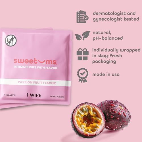 Image of Sweetums Feminine Wipes For Women, Individually Wrapped - pH Balanced Flavored Intimate Wipes - Pack of 10 (Passion Fruit)