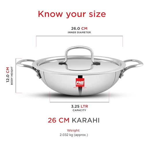 Image of PNB Kitchenmate Triply Stainless Steel kadai - 3.25 Liter| Induction Compatible triply kadai with lid | Stainless Steel cookware | Try ply cookware for Indian Cooking |Dishwasher Safe|5 Year Warranty