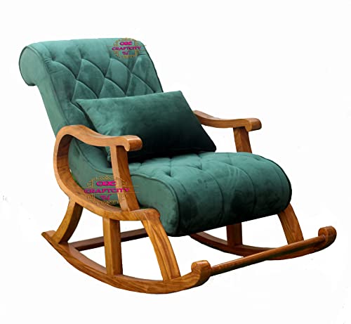Image of CRAFTCITY Rocking Chair |Sheesham Wood Elegant Rocking Chair with Pillow and Matching Foot Stool and Pre assembeled (Peacock Green)