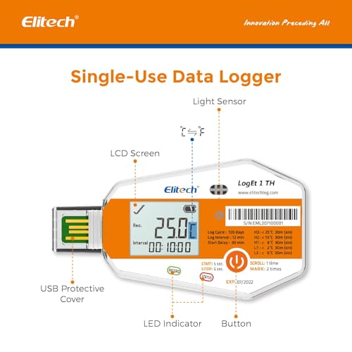 Image of Elitech WHO PQS Certificated 5 Pack 120 Days Temperature Humidity Data Logger with Light Sensor Single-Use Cold Chain Monitor (CCM) Temperature Recorder with PDF Report 16000 Points LogEt1-TH